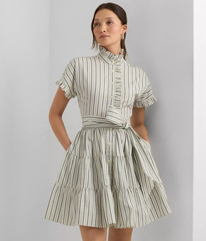 Lauren Ralph Lauren Striped Cotton Broadcloth Shirtdress Ivory Blue Size 6 $165