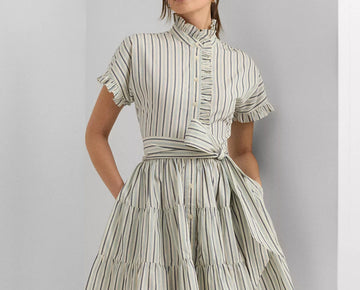 Lauren Ralph Lauren Striped Cotton Broadcloth Shirtdress Ivory Blue Size 6 $165