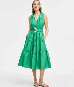 Vince Camuto Women Pleat-Neck Cotton Sleeveless Dress Green Size 12 Cotton $158