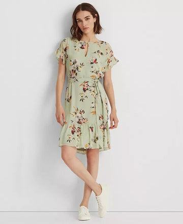 Lauren Ralph Lauren Floral Crinkled Georgette Dress Green Size 6 MSRP $145