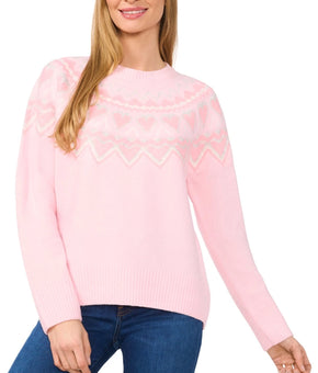 CeCe Women's Heart Fair Isle Crewneck Sweater Pink Size XS MSRP $79