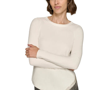 KARL LAGERFELD PARIS Women Asymmetrical Crystal-Trim Sweater Size M $119 Ivory