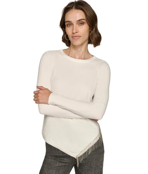 KARL LAGERFELD PARIS Women Asymmetrical Crystal-Trim Sweater IVORY XS SALE $119
