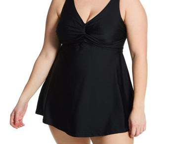 Raisins Curve Plus Size Atlantic Solids Lucia Plunge Swim Dress Black Size 18W