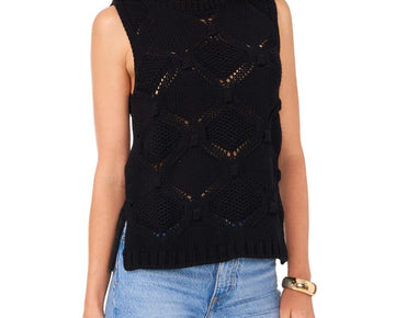 Vince Camuto Women's Crewneck Sleeveless Open-Stitch Sweater Black Size M