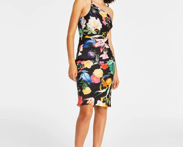 GUESS Women's Cindy One-Shoulder Floral-Print Dress Black Size 6 MSRP $138