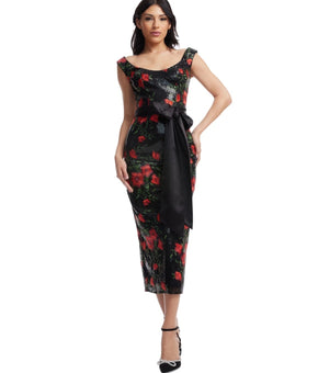 Dress the Population Women's Dottie Midi Dress Black Red Size M MSRP $358