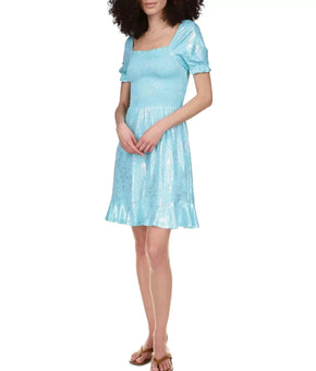 Michael Kors Shiny Foil-Print Smocked Peasant Dress Turquoise Blue Size S $125