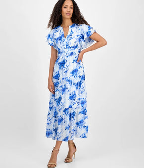 julia jordan Women's Printed Ruffle-Sleeve Midi Dress Blue SIze 12 MSRP $139