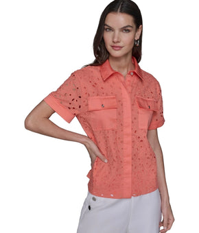 KARL LAGERFELD PARIS Women Eyelet Cotton Button pocket Shirt Orange Size XL $129
