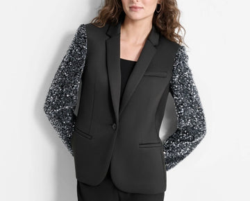 DKNY Women's Sequinned-Sleeve Single-Button Blazer Black Silver Size 6 MSRP $169