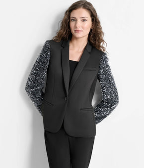 DKNY Women's Sequinned-Sleeve Single-Button Blazer Black Silver Size 8 MSRP $169