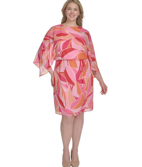 Jessica Howard Plus Size 16W Printed Chiffon 3/4-Sleeve Blouson Dress Pink $129
