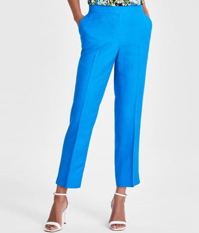 Kasper Petite Linen-Blend Mid Rise Straight-Leg Zip-Front Pants Size 2P Blue $79