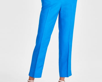 Kasper Petite Linen-Blend Mid Rise Straight-Leg Zip-Front Pants Size 2P Blue $79