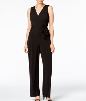 NY COLLECTION Petite Surplice Belted Wide-Leg Jumpsuit Black Size L Petite