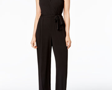 NY COLLECTION Petite Surplice Belted Wide-Leg Jumpsuit Black Size L Petite