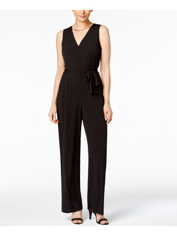 NY COLLECTION Petite Surplice Belted Wide-Leg Jumpsuit Black Size L Petite