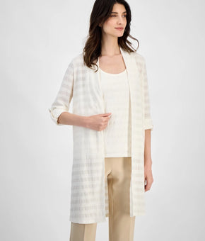Anne Klein Textured-Knit Open-Knit Roll-Tab-Sleeve Cardigan Ivory Size L $99