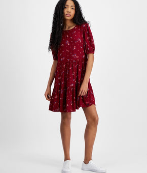 Tommy Jeans Womens Floral-Print Tiered A-Line Dress Red BURGUNDY Size M MSRP $90