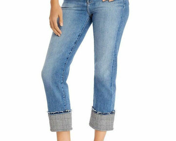7 For All Mankind Cuffed Plaid-Trim Jeans Blue Womens Size 26 MSRP $225