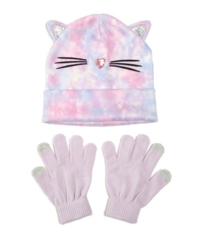 Love2Design Little Girls Tie Dye Cat 2 Piece Set Gloves + Hat Purple Pink