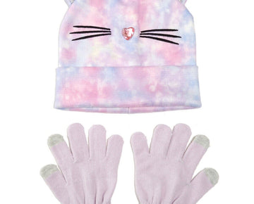 Love2Design Little Girls Tie Dye Cat 2 Piece Set Gloves + Hat Purple Pink