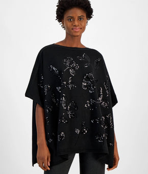 Anne Klein Women's Sequin-Detail Poncho Top Black Size L/XL MSRP $139