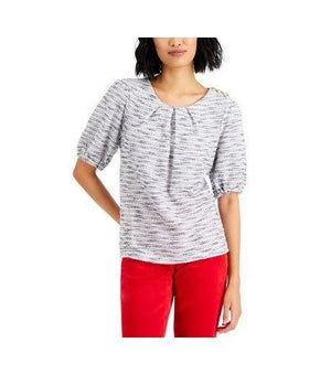 Charter Club Blouse Womens Size M White Stripe Puff Sleeve Knit Top Pleated