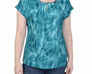 NY Collection Women's Petite Extended Sleeve Top with Grommets Size PL Green