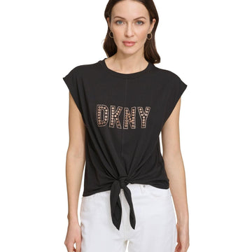 DKNY Womens Tie Front Embellished T-Shirt, Black, Size M MSRP $59
