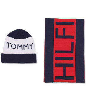 Tommy Hilfiger Mens Needle Knit Vertical Flag Scarf + Flag Hat Set OS B4HP Black