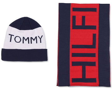 Tommy Hilfiger Mens Needle Knit Vertical Flag Scarf + Flag Hat Set OS B4HP Black