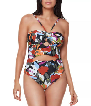 Bar III Printed 1-Piece Swimwear Bandeau Cutout One-Pie Olive Green Size XS $88