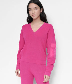 DKNY Women's Cargo V-Neck Sweater Pink Size XL MSRP $89