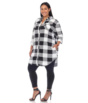 White Mark Women's Plus Size 3XL Plaid Button Tunic with Pockets Black White