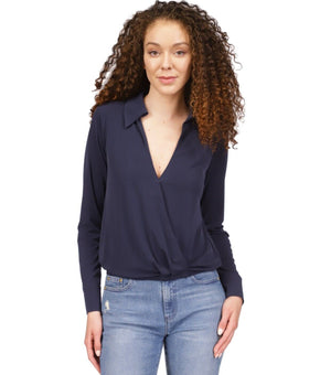 Michael Michael Kors Women's Solid Collared Faux-Wrap Top Navy Size XS MSRP $88