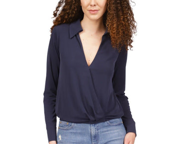 Michael Kors Women's Solid Collared Faux-Wrap Top Navy Size L MSRP $88