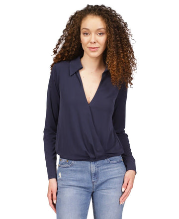 Michael Kors Women's Solid Collared Faux-Wrap Top Navy Size L MSRP $88