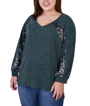 NY Collection Plus Size Long Sleeve Combo Top Green Size 1X Knit Sweater