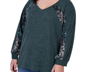 NY Collection Plus Size Long Sleeve Combo Top Green Size 1X Knit Sweater