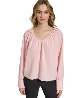 Calvin Klein Womens V Neck Bishop Sleeve Blouse Size XS Pink MSRP $80