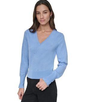 DKNY Jeans Women's Studded V-Neck Sweater Blue Size M MSRP $79