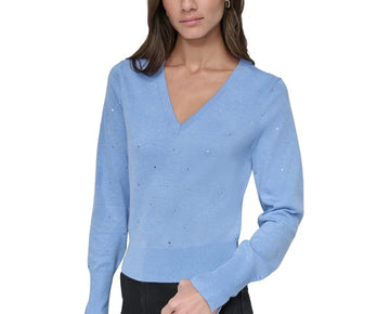 DKNY Jeans Women's Studded V-Neck Sweater Blue Size M MSRP $79