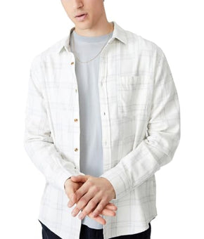 COTTON ON Mens Camden Long Sleeve Shirt Bone Check Size M, Beige