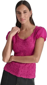 DKNY Women's Short Sleeve Textured Knit Top Rasberry Pink Size XL MSRP $79