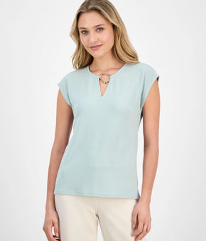 Anne Klein Blouse Women Size XL Green Aloe Ring Neck Cap Sleeve Stretch Top $59