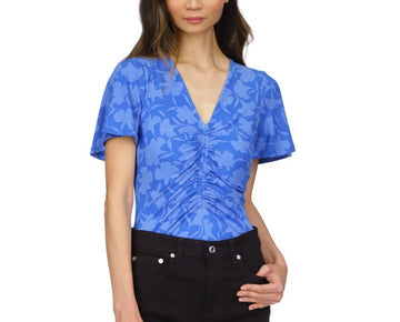 Michael Kors Women's Printed Ruched Flutter-Sleeve Top Blue Size XS MSRP $88
