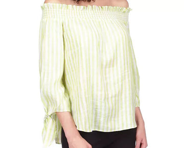 MICHAEL KORS Striped Tie-Sleeve Off-the-Shoulder Top Lime Green Size L MSRP $98