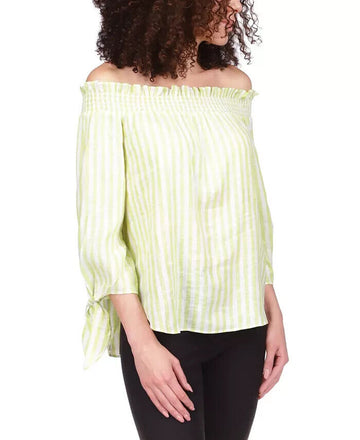 MICHAEL KORS Striped Tie-Sleeve Off-the-Shoulder Top Lime Green Size L MSRP $98